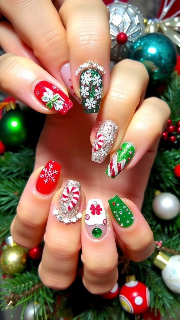 Festive Christmas Nail Art Ideas and Designs A collection of Christmas-themed nail art designs with snowflakes, candy canes, and Christmas trees in festive colors.